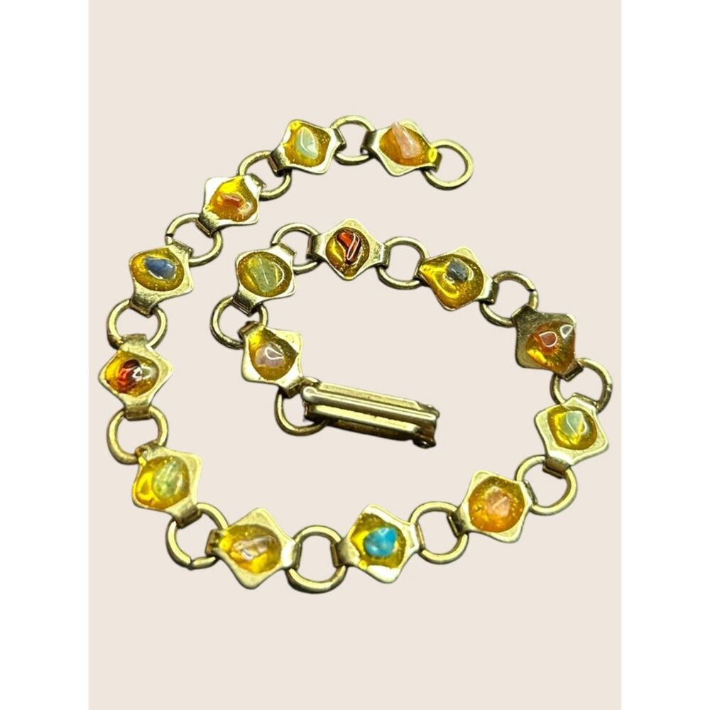 ✨ VTG GOLD TONE RESIN GEMSTONE CHIP LINK BRACELET AMBER CONFETTI BOHEMIAN 6.5 IN